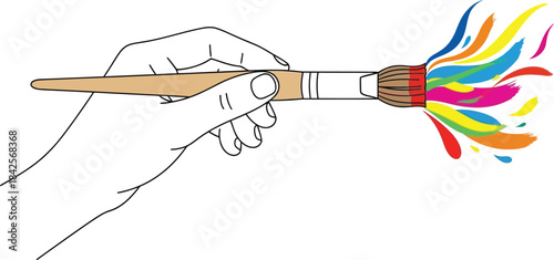 Hand holding a paintbrush creating vibrant colorful splashes symbolizing artistic expression and creative energy on white