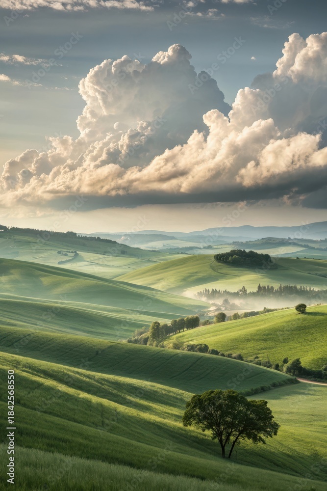Fototapeta premium Rolling green hills under a dramatic sky with soft morning mist