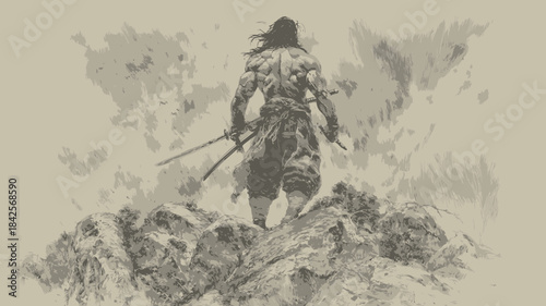 Dynamic monochrome sketch of a powerful warrior with two katanas on a rocky peak, facing a challenging journey.