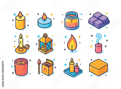 Colorful Candle Icons. Candle Collection. Colorful isometric vec