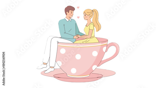 Love's Tea Cup Moment: A tender illustration portrays a couple seated inside a giant teacup, symbolizing their intimate bond amidst soft hearts and shared affection. 