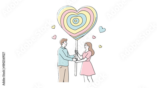 Sweetheart Moment: A tender illustration of a couple sharing a heart-shaped lollipop, symbolizing love and sweetness. Capturing a simple, intimate moment.