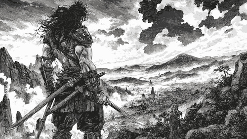 Epic warrior with long hair and dual swords surveys a vast, mystical mountain landscape. Black and white fantasy illustration.