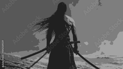 Dramatic monochrome silhouette of a powerful warrior holding dual swords against a desolate, moody sky.