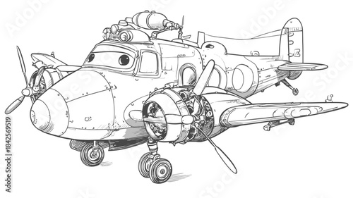 Retro-futuristic propeller airplane line art illustration with steampunk details. Vintage fantasy aircraft cartoon drawing.