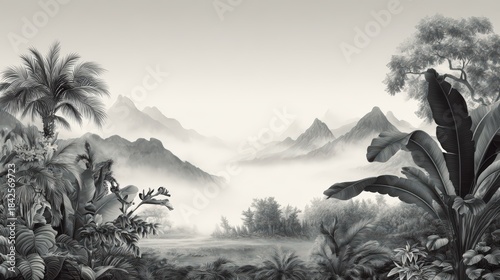 Serene black and white tropical jungle landscape inspired by classical chinese art