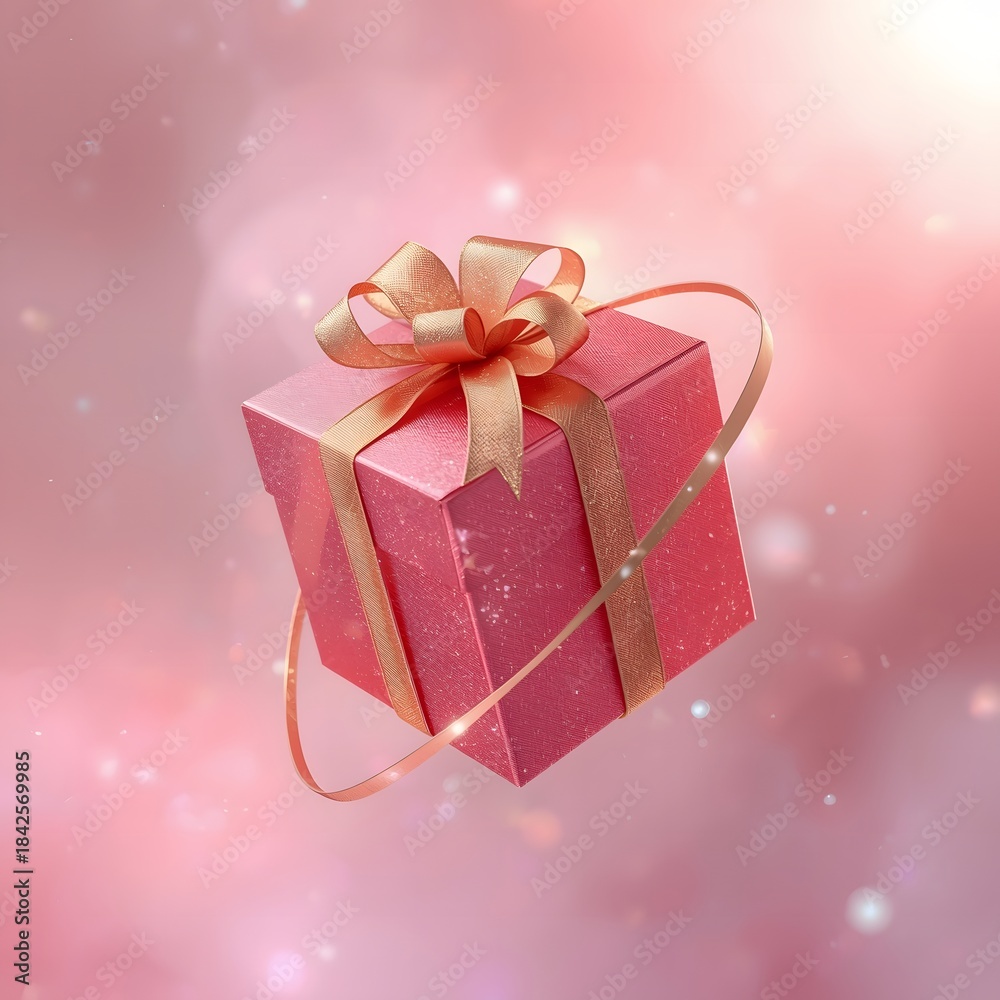 Fototapeta premium Enchanted red gift box with glowing ribbon suspended in dreamy light
