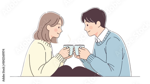 A Moment of Connection: A tender portrayal of a couple sharing a warm moment, delicately holding cups, eyes locked in a gaze of mutual affection, painted with gentle lines and soft colors.