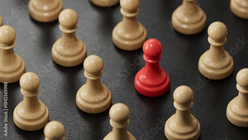 Red Pawn��s Solo Stance Among Beige Chess Pieces: Symbolizing Individuality on Vibrant black Background