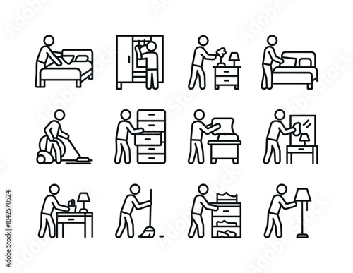 Bedroom Cleaning Icons. Bedroom cleaning scene. Line icon set of