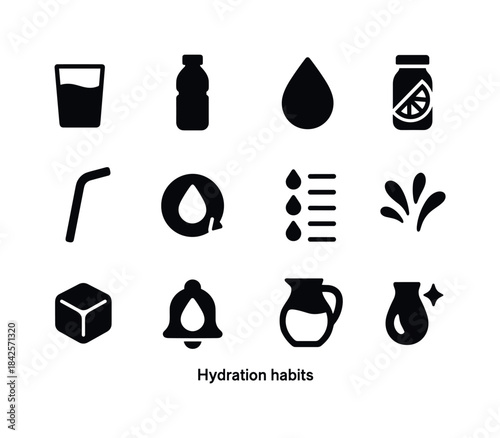 Hydration Icon Set. Hydration habits. Solid icon set of hydratio