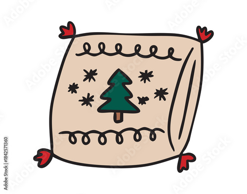 pillow with christmas tree and snowflakes. , cozy hand drawn style, doodle hand drawn cartoon icon element