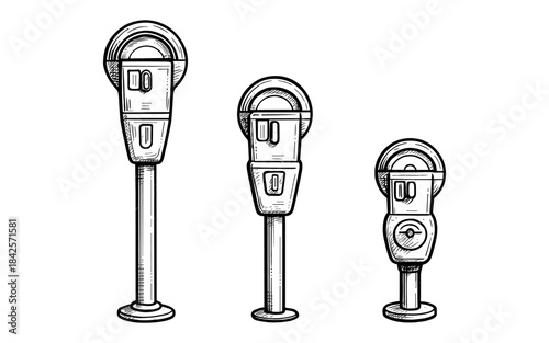 Hand-drawn vintage parking meters set on white background