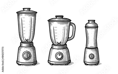 Vintage blenders set: retro hand-drawn kitchen appliances collection