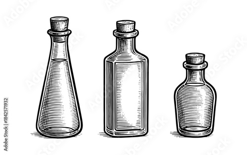 Vintage engraving of glass bottles with cork stoppers on white background