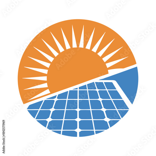 A graphic representation of solar power with the sun shining on a solar panel array in a circle