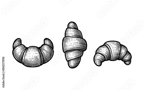 Hand drawn croissant trio in vintage style