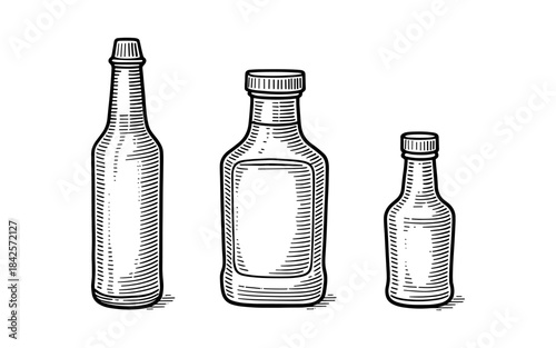 Hand drawn bottle collection: trio of distinctive vintage glass designs