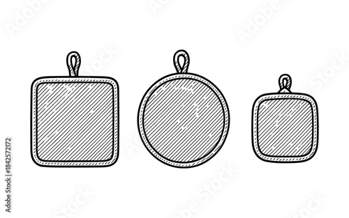 Hand drawn sketch of three kitchen pot holders in square and round shapes with hanging loops