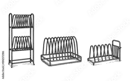 Kitchen rack set in sketch style for efficient dish organization