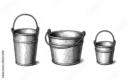 Hand drawn vintage metal buckets: trio of rustic pails with handles