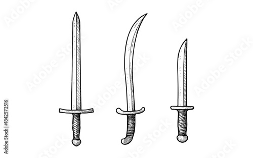 Hand drawn set of swords with detailed blades and handles in black and white