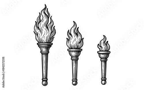 Vintage engraving of three torches with flames in monochrome style