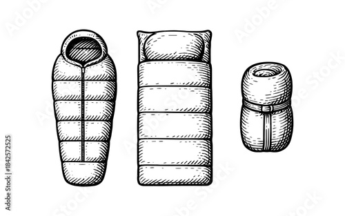 Hand drawn camping sleeping bags collection on white background