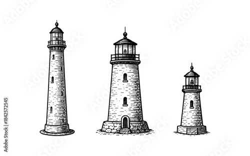 Detailed lighthouse set in vintage style featuring classic architectural designs