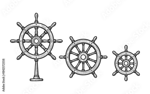 Nautical steering wheels in classic engraved style with three distinct sizes