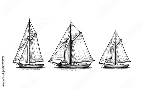 Nautical ink drawings of sailboats in vintage style