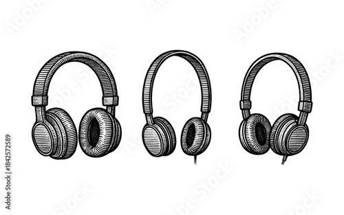 Hand drawn headphones set: vintage audio devices detailed in ink style