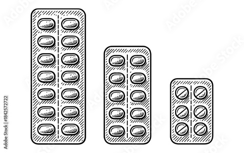 Sketched pill blisters in various sizes