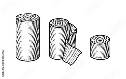 Hand drawn medical bandages illustration: set of three rolls in vintage style