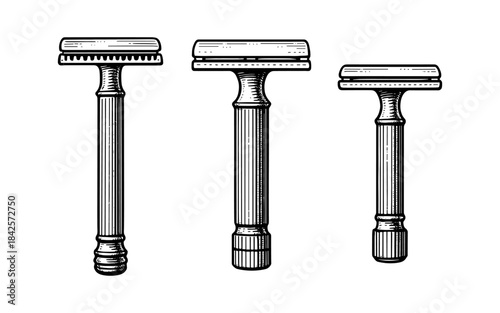 Detailed vintage safety razors illustration in black and white engraving style