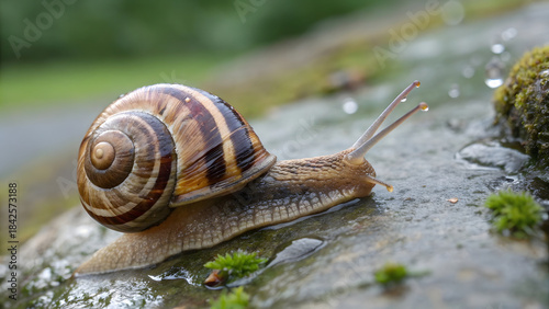 A garden snail glides slowly across a dew-dampened mossy stone, its smooth, amber-hued shell spiraling in perfect Fibonacci symmetry