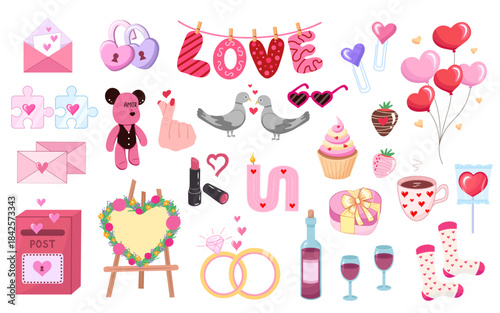 Valentine's Day set with romantic love symbols. Vector Illustration for printing, backgrounds and packaging. Image can be used for greeting cards, posters and stickers. Isolated on white background.