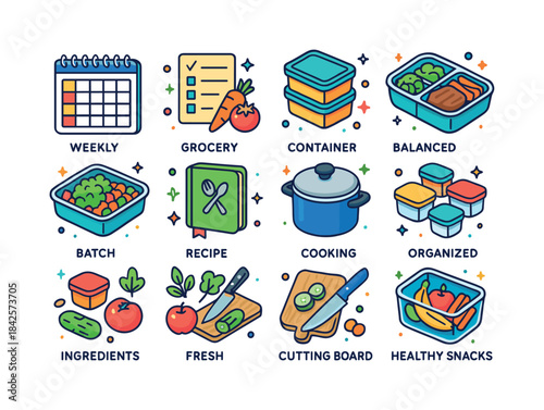 Colorful Meal Planning Icons. Meal planning. Colorful isometric