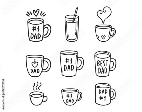 Mug set for fathers day Dad number 1 I love Dad Best Dad, hand drawn doodle line art monochrome hand drawn