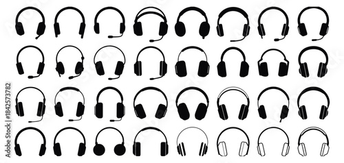 Headphone Icons Vector Set Featuring Diverse Headphone Styles for Audio and Music Listening, Ideal for Web Design, Mobile Apps, Software Interfaces, and Contemporary Digital Aesthetic Projects