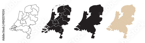 Maps of the Netherlands come in many variations, featuring black and gold colors on a white background.