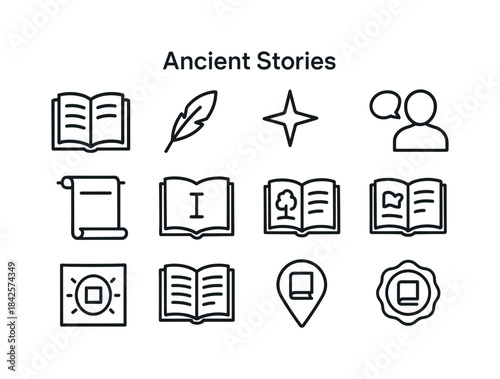 Ancient Icon Set. Ancient stories. Line icon set of ancient stor