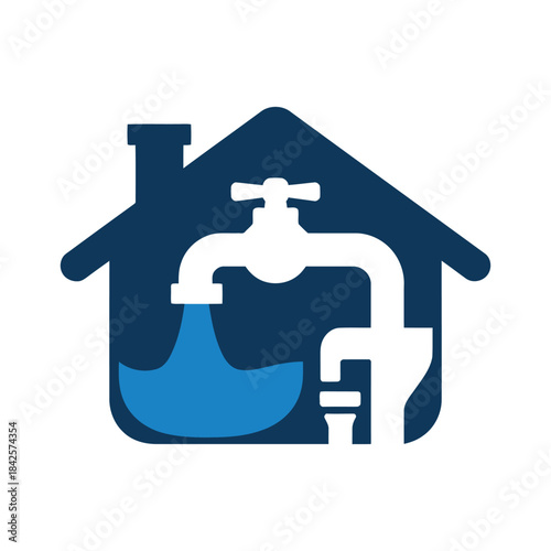 Home plumbing service icon, a house silhouette with a faucet and flowing water