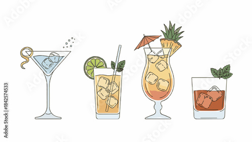 Line Art Illustrations of Classic Cocktails – Martini, Tropical, Highball & More
