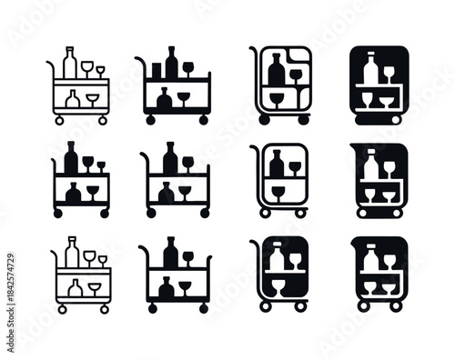 Elegant Bar Cart Icons. Stylish Bar Cart with Liquor and Glasswa