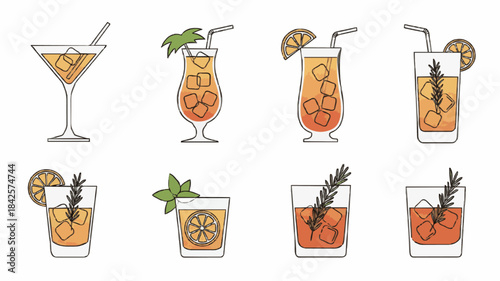Cocktail Line Art Illustrations – Martini, Highball, and Tropical Drinks in Detail