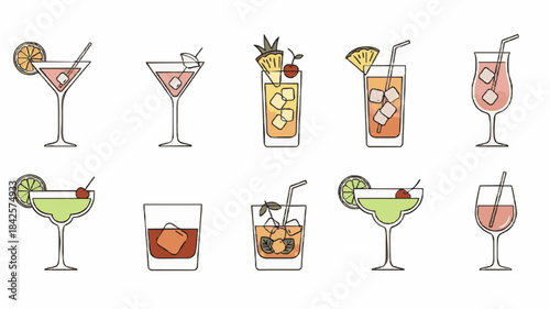 Line Art Collection of Iconic Cocktails – Detailed Drinks with Fruit Slices & Garnishes