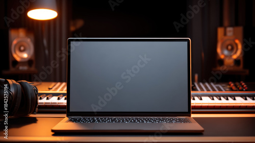 Modern laptop in a dimly lit music studio with synthesizers and headphones. A laptop sits on a desk in a professional music production studio, surrounded by audio equipment and instruments.