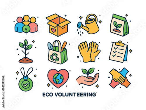 Eco Volunteering Icons. eco volunteering. Colorful isometric vec