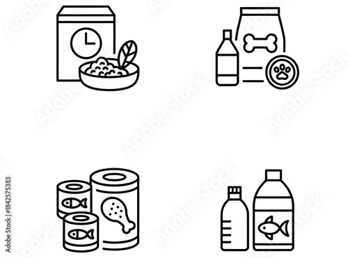 Food Items Linear Icons Set
Cereal and Pet Care Thin Line Vector. Icons depict Cereal for Breakfast, Shampoo for Dogs, and various Consumer Products.